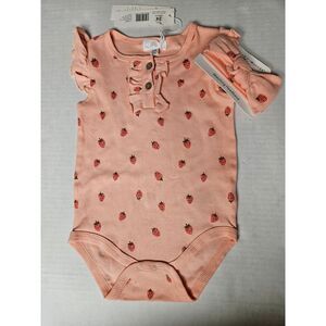 Willow + Whimsy Strawberry Onesie with Headband‎ 24M